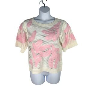Gemma + Jane Crochet Knit Top Ivory Pink Leaf Pattern Short Sleeve Large